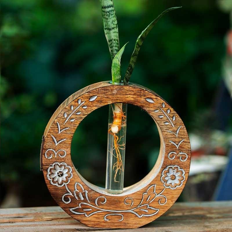 Hand-carved wooden test tube planter with glass vials for plant propagation by Wild Roots Gifting – rustic indoor decor in Delhi NCR and Dehradun
