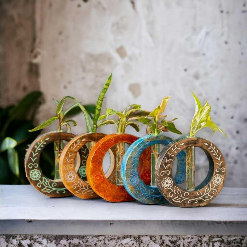 Test tube planter with intricately carved wooden stand by Wild Roots Gifting – elegant indoor green decor for Delhi NCR and Dehradun homes and offices