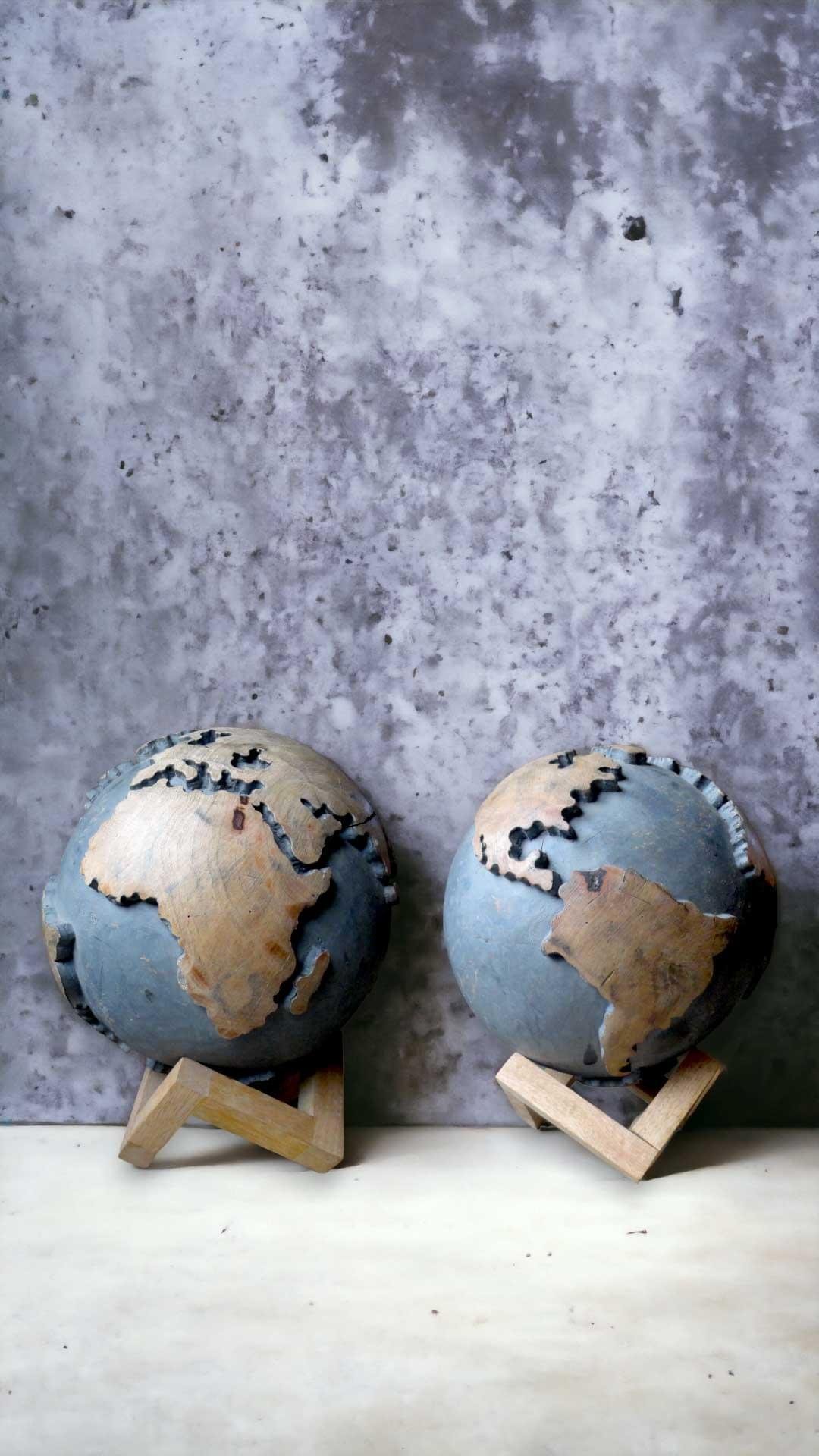 "Captivating Hand-Carved Wooden Globe: A Touch of Elegance and Wanderlust Crafted by Wild Roots - Mango Wood Masterpiece for Office and Home Decor"