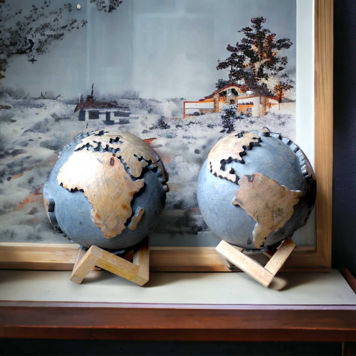 "Captivating Hand-Carved Wooden Globe: A Touch of Elegance and Wanderlust Crafted by Wild Roots - Mango Wood Masterpiece for Office and Home Decor"