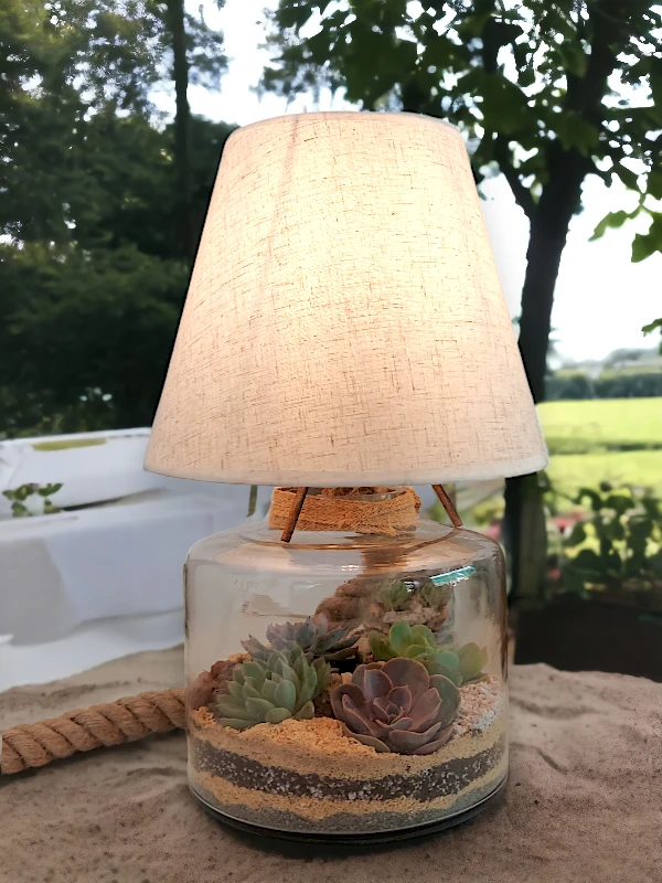 Volcano Jar Lamp Terrarium with LED light and layered greenery by Wildroots