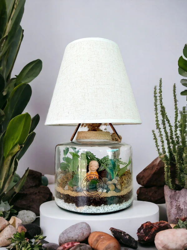 Volcano Jar Lamp Terrarium with LED light and layered greenery by Wildroots