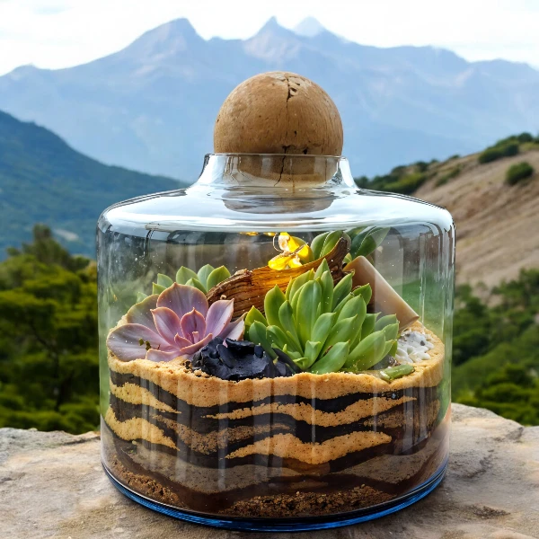 Volcano jar terrarium with lush green plants by Wildroots