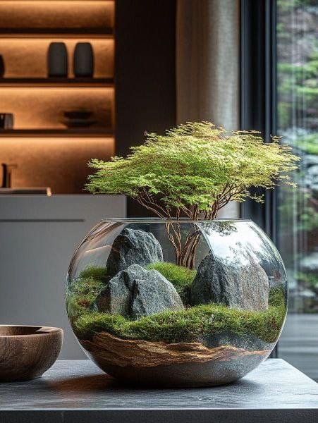 12 inch fish bowl terrarium with lush green plants by Wildroots for elegant indoor decoration