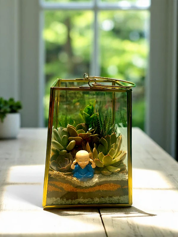 Quard lantern glass terrarium with succulents and moss by Wildroots