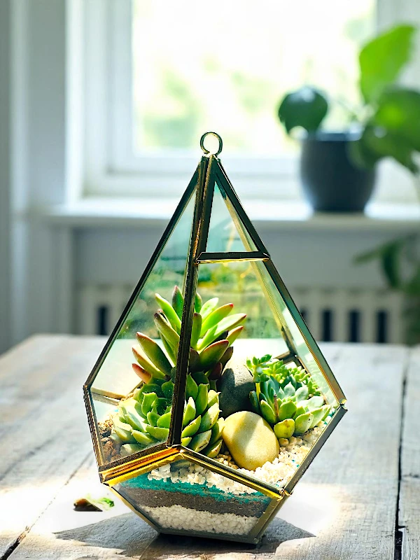 Prism-shaped glass terrarium with geometric metal frame and succulent plants inside